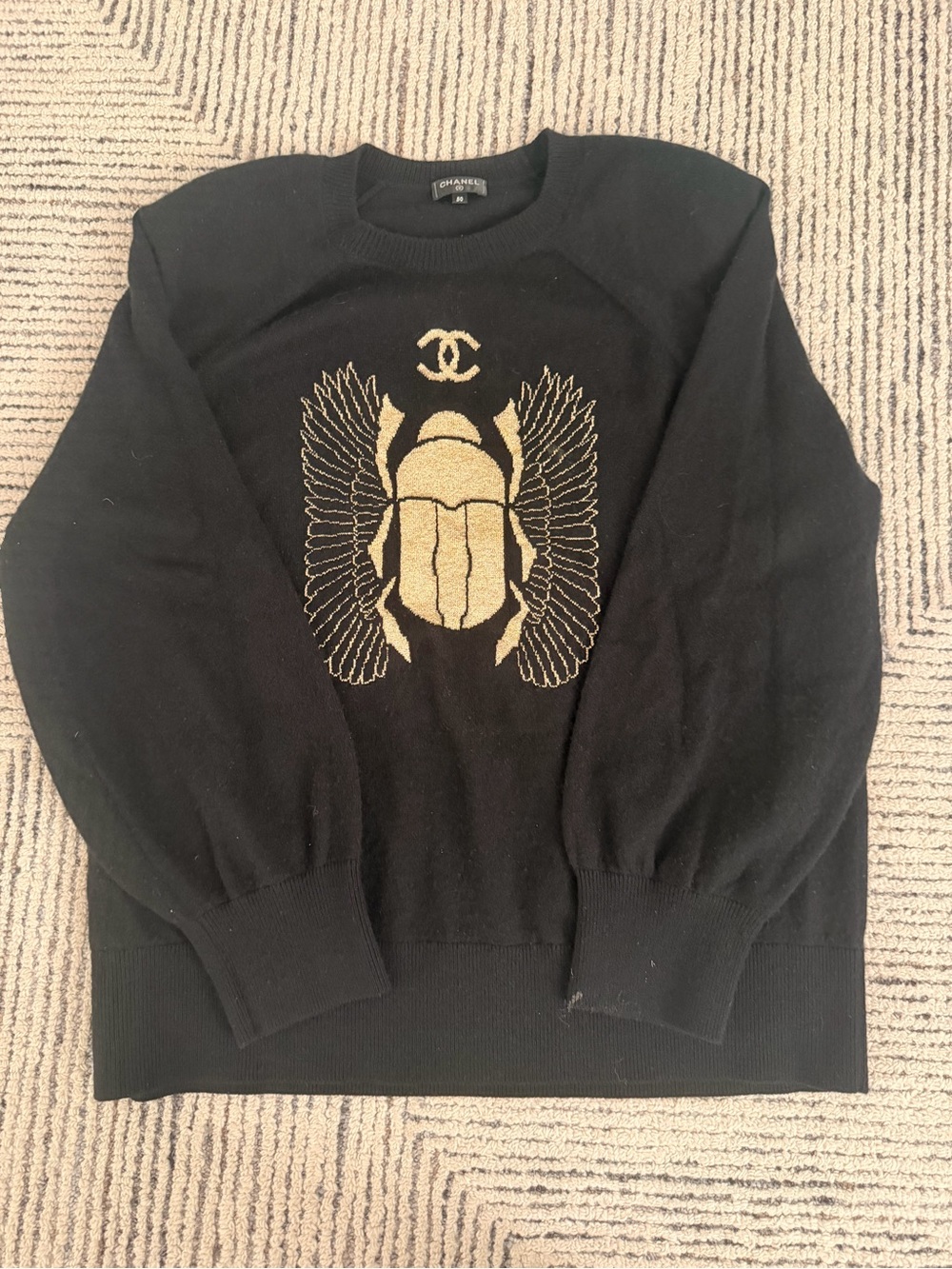 CHANEL Black Crewneck Sweater with Gold Scarab and Wings